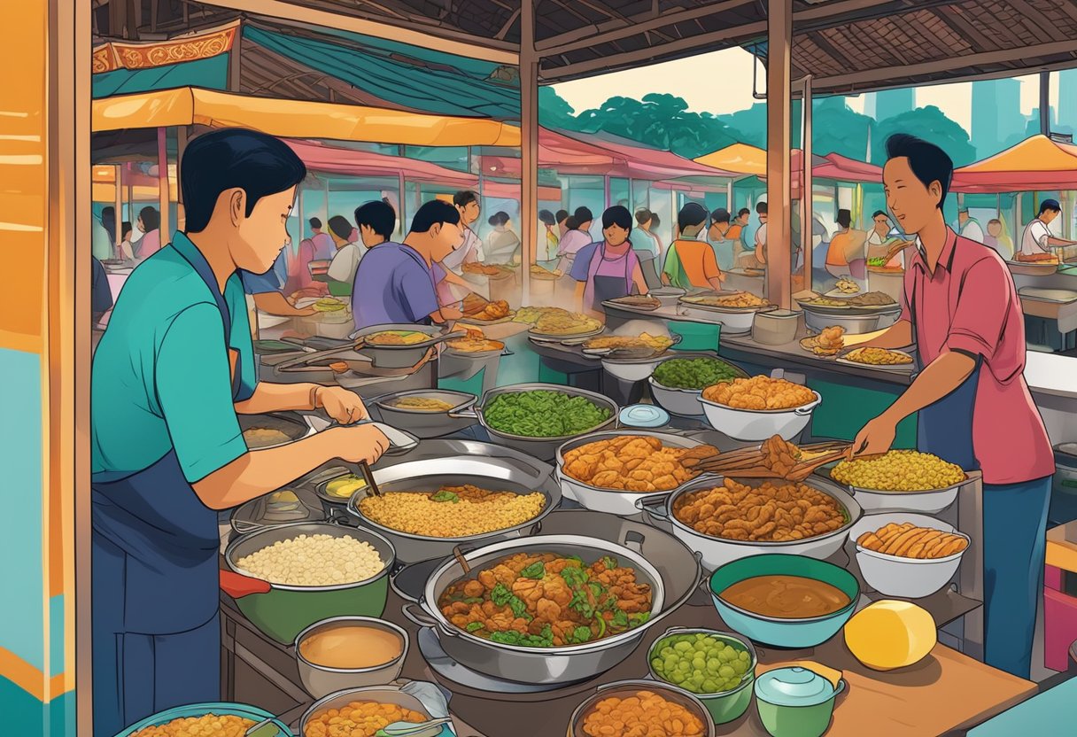 A bustling hawker center in Singapore, with vendors serving up steaming bowls of mohinga and crispy samosas, surrounded by the vibrant colors and aromas of Burmese cuisine