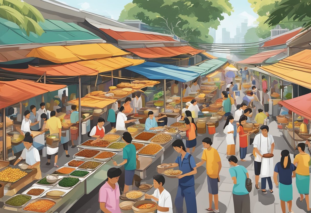 A bustling hawker center in Singapore, filled with the aroma of sizzling spices and savory curries. Colorful banners advertise Burmese delicacies, while locals and tourists alike sample traditional dishes at communal tables