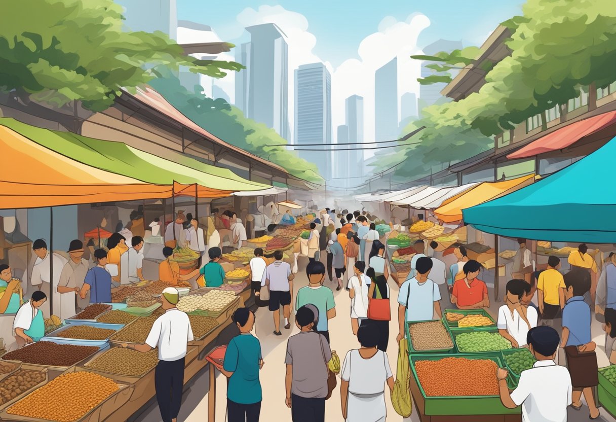 A bustling food market in Singapore, with colorful stalls selling traditional Myanmar dishes like mohinga and laphet thoke. Aromatic spices fill the air as people line up to sample the authentic flavors