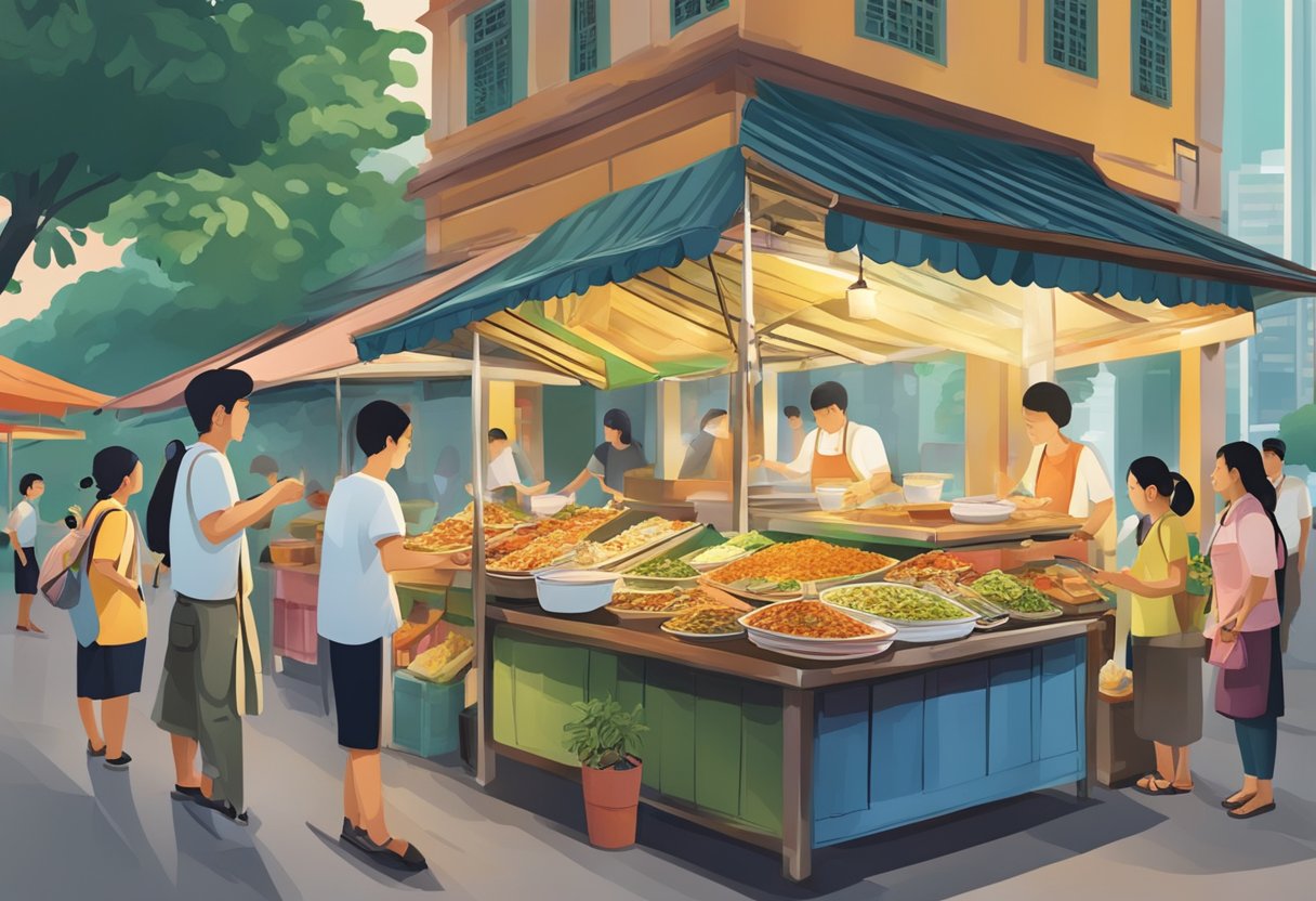 A bustling street stall in Singapore showcases a variety of Myanmar dishes, with eager customers asking questions and sampling the food