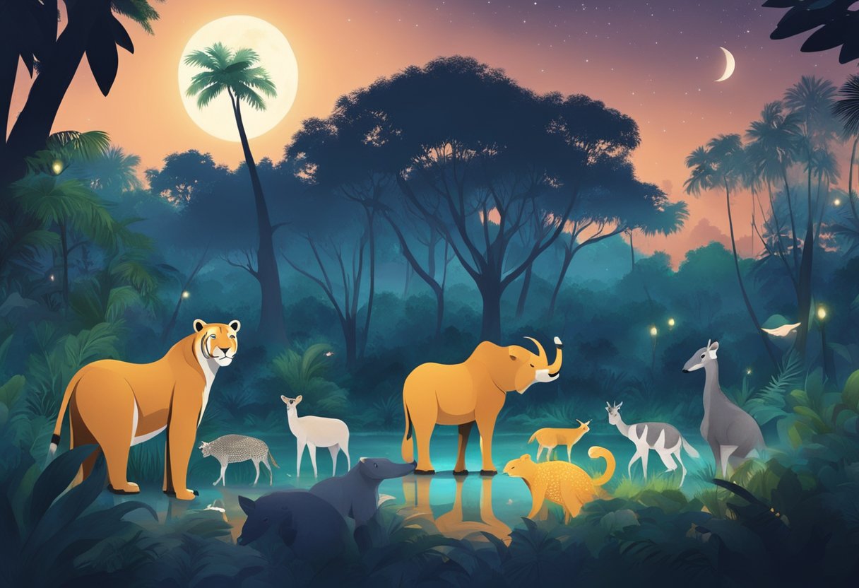 Animals roam under moonlit sky at Night Safari Singapore, creating a mystical atmosphere. Tourists observe nocturnal creatures in their natural habitat