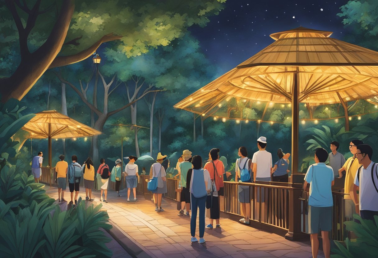 Visitors gather under the night sky at the Singapore Night Safari, surrounded by lush greenery and illuminated pathways. The park's opening hours and schedule are displayed prominently