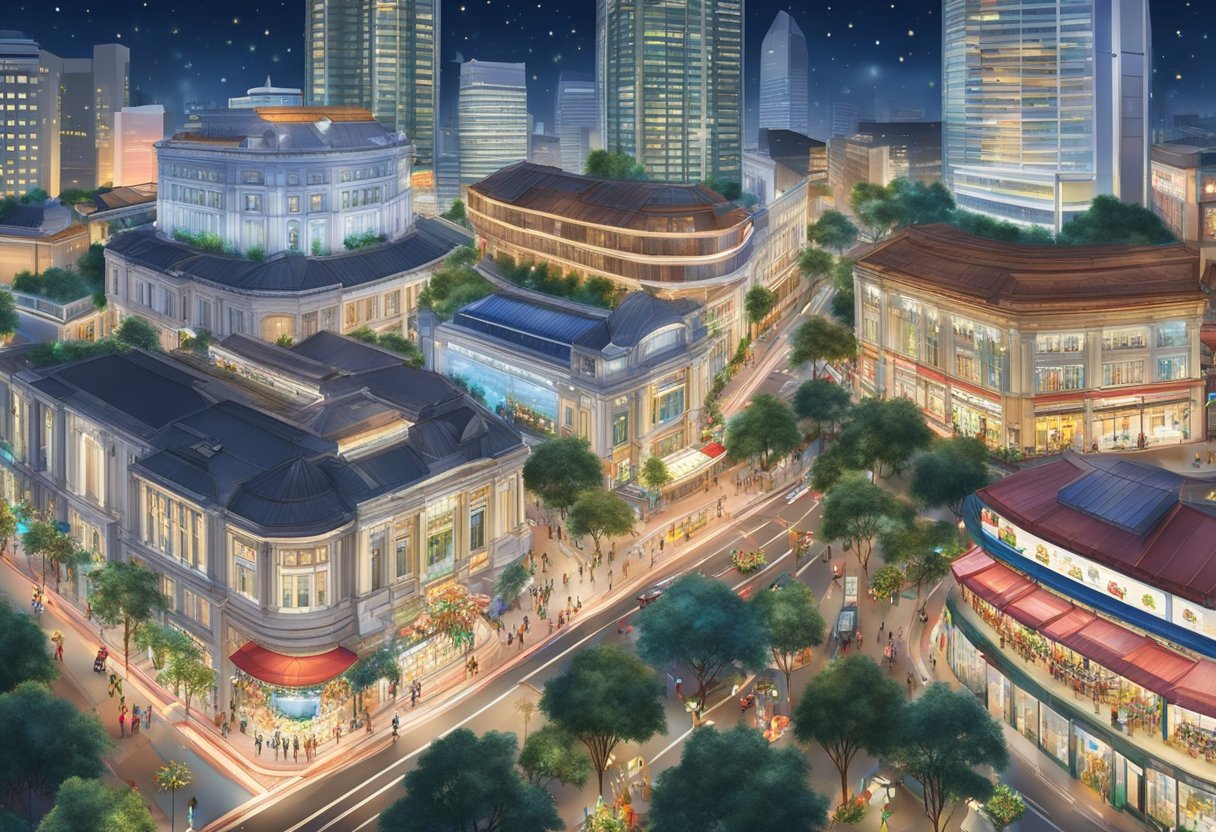 Orchard Road in Singapore is adorned with festive Christmas lights and decorations, creating a dazzling display of holiday cheer