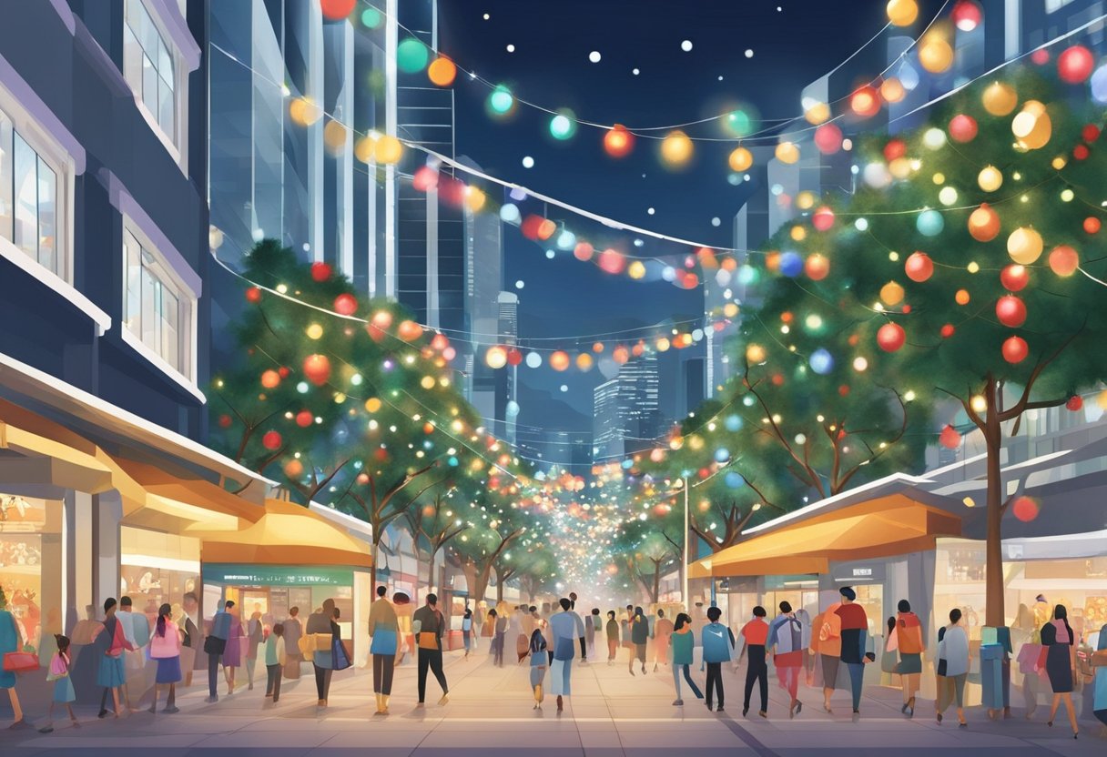 Orchard Road is adorned with twinkling lights and festive decorations for Christmas celebrations in Singapore. The street is bustling with holiday shoppers and lined with colorful displays