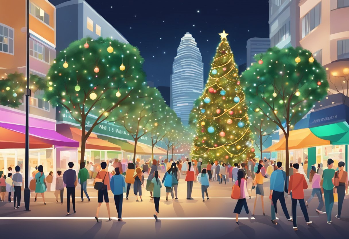 Orchard Road, Singapore at Christmas: Festive lights, towering Christmas trees, and bustling crowds enjoying special events and highlights