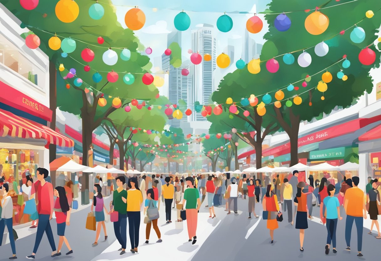 A bustling Orchard Road in Singapore during Christmas, with colorful decorations and crowds of people browsing through the shops and enjoying the festive atmosphere