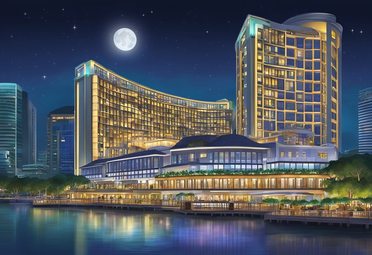 The Park Hotel Clarke Quay in Singapore shines brightly against the night sky, with its modern architecture and vibrant lights reflecting in the calm waters of the river