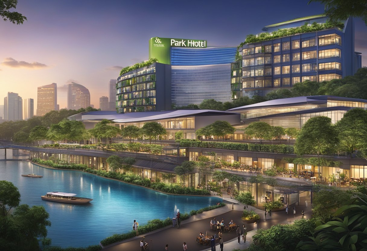 The Park Hotel Clarke Quay in Singapore overlooks the vibrant city skyline, with a lush park and river below