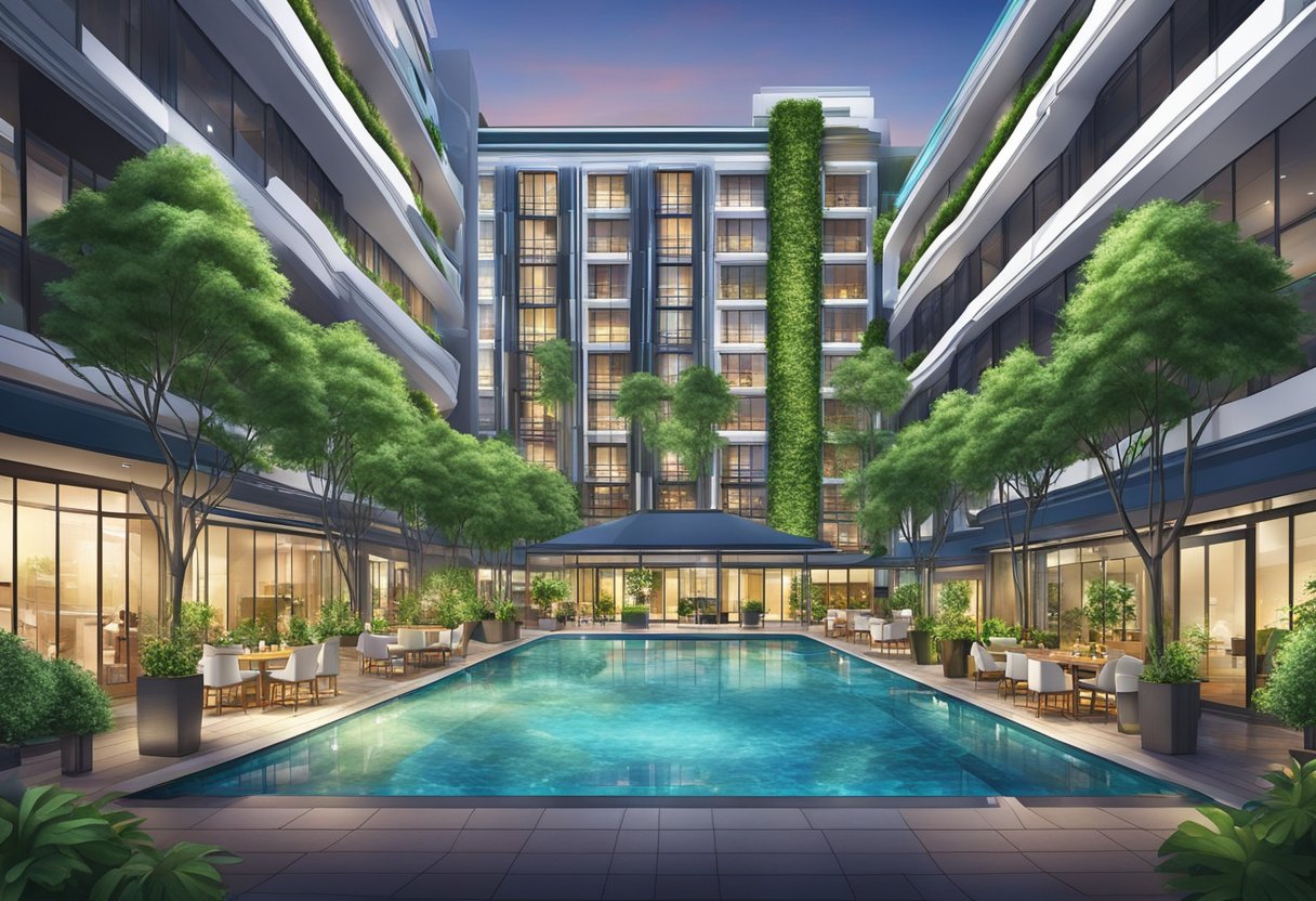 Vicinity Park Hotel, Clarke Quay, Singapore. Lush greenery surrounds a modern, sleek building with a glistening pool and bustling outdoor dining area