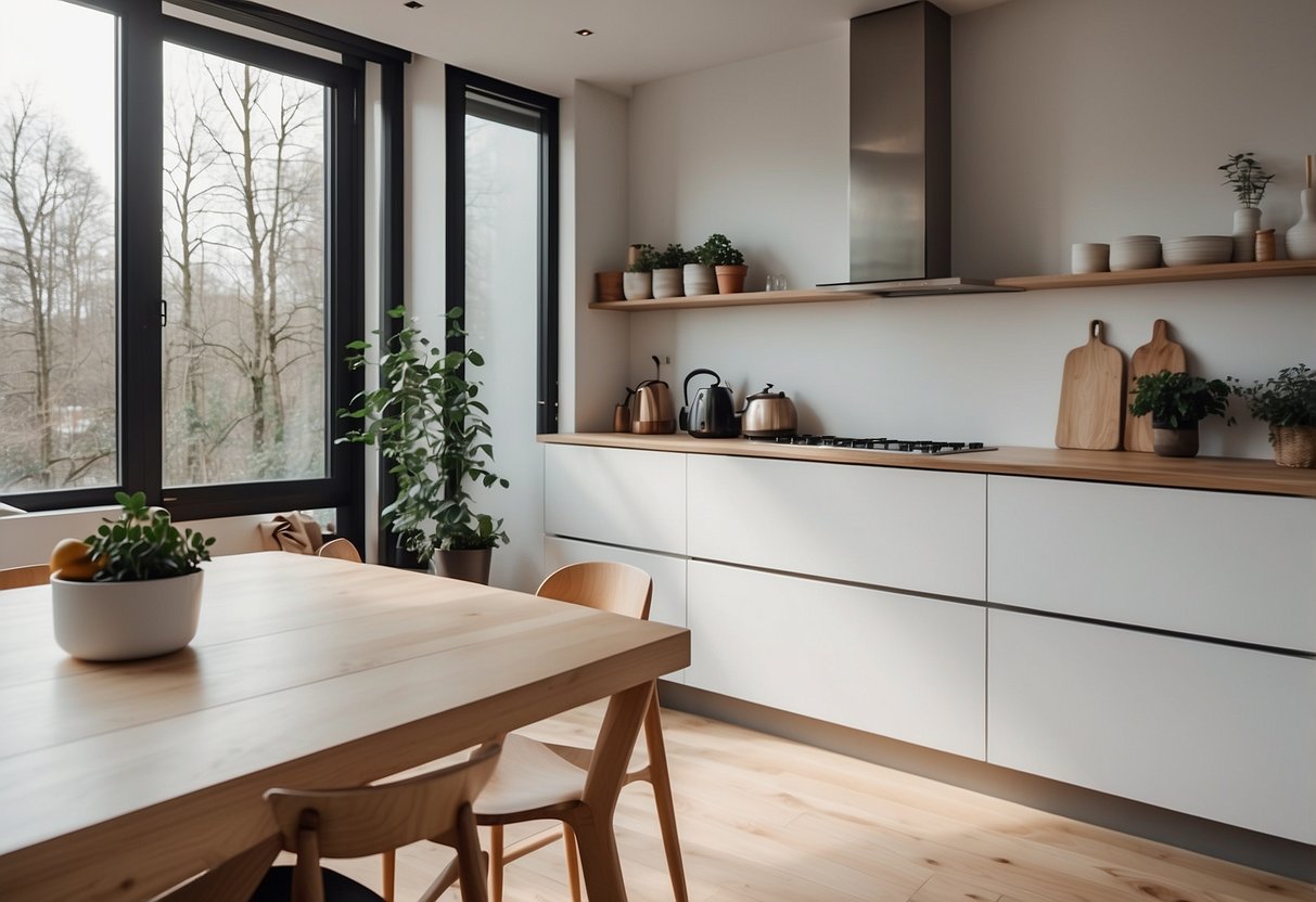 A cozy Scandinavian kitchen with light wood cabinets, sleek white countertops, and minimalist decor. Large windows let in natural light, showcasing the clean and functional design