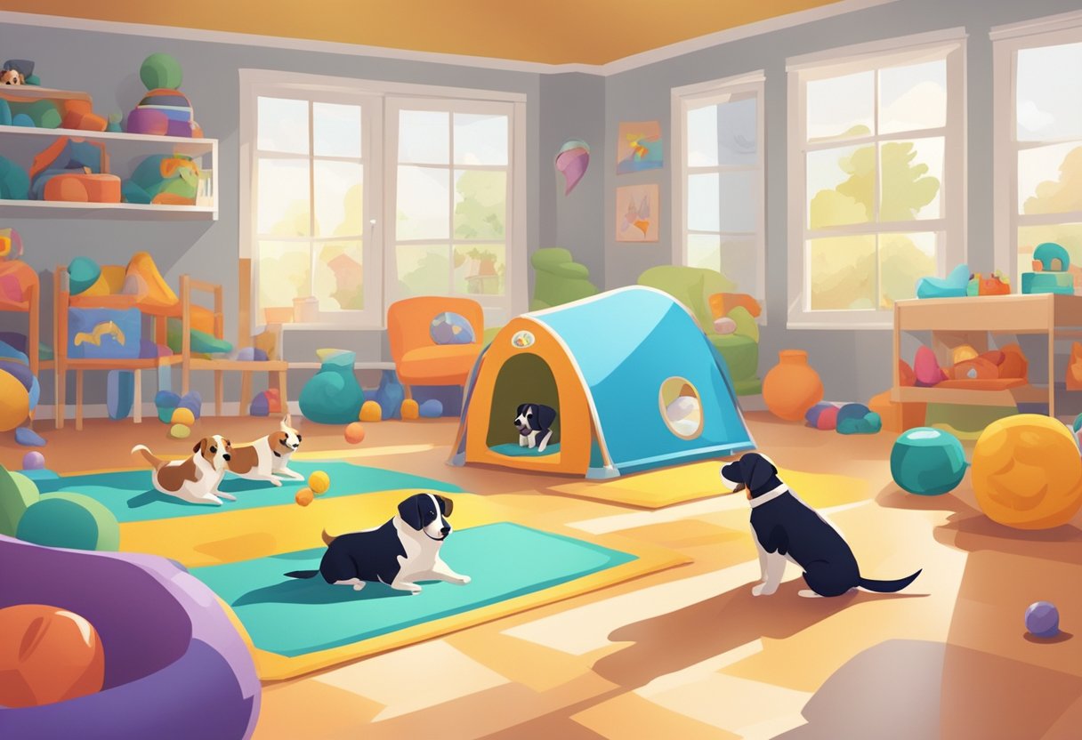Dogs playing in a spacious, brightly-lit pet day care facility, with colorful toys and comfortable bedding scattered around the room