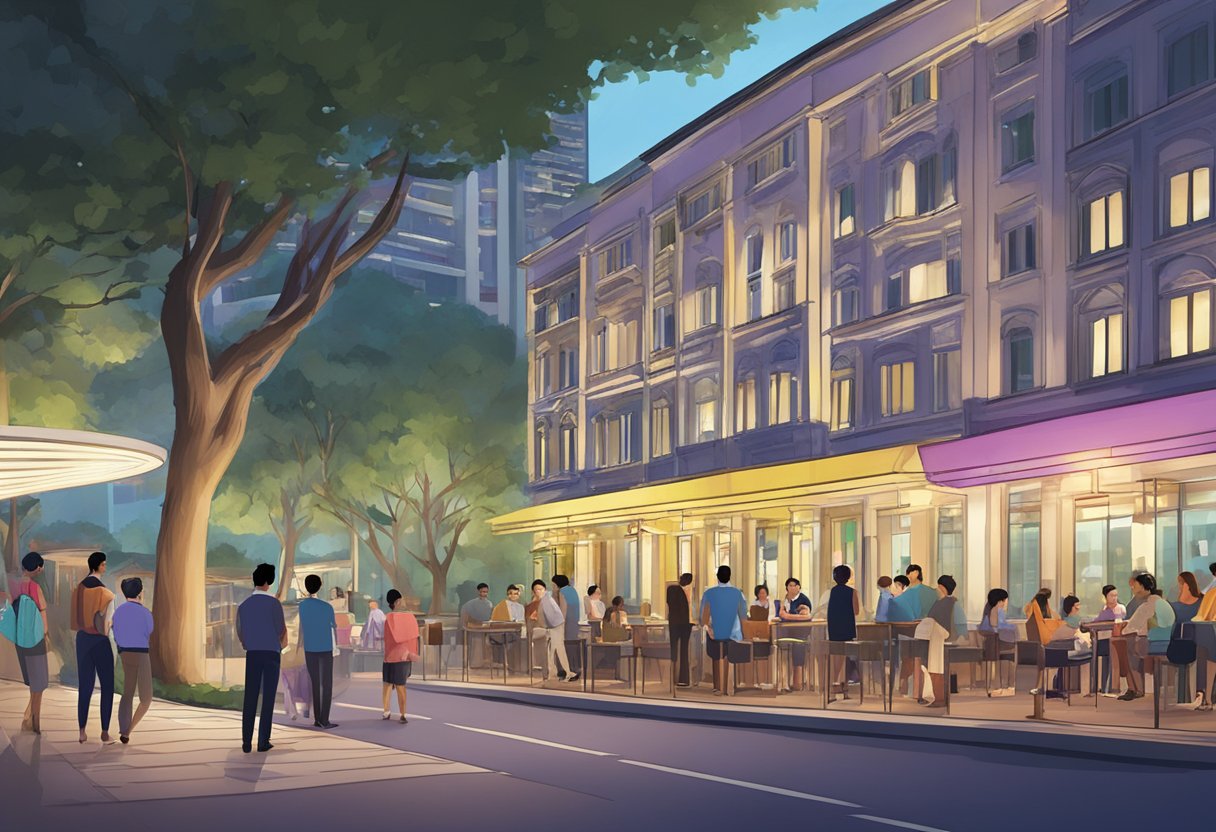 Guests gather at the park hotel in Clarke Quay, Singapore, seeking information. The hotel's FAQ sign stands prominently in the foreground