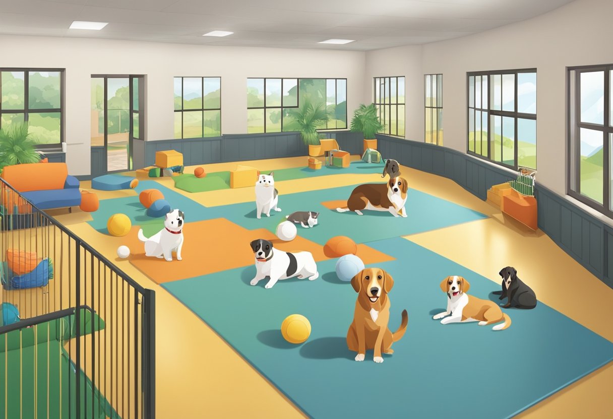 Pets playing in a spacious, clean and well-lit indoor area with comfortable bedding, toys, and water stations. Outdoor play area with secure fencing and plenty of shade. Knowledgeable staff interacting with the pets