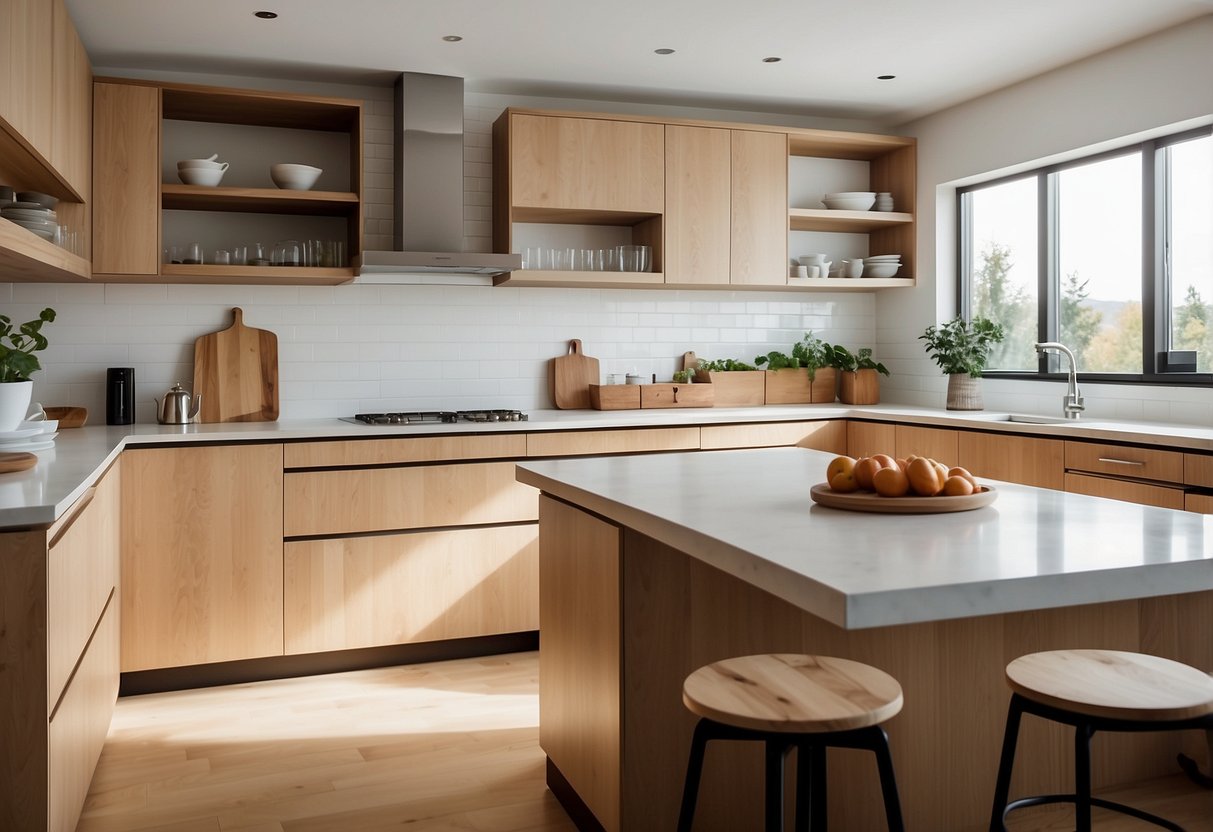 A bright, minimalist kitchen with light wood cabinets, white countertops, and stainless steel appliances. Textures include smooth surfaces, natural wood grain, and sleek metal accents