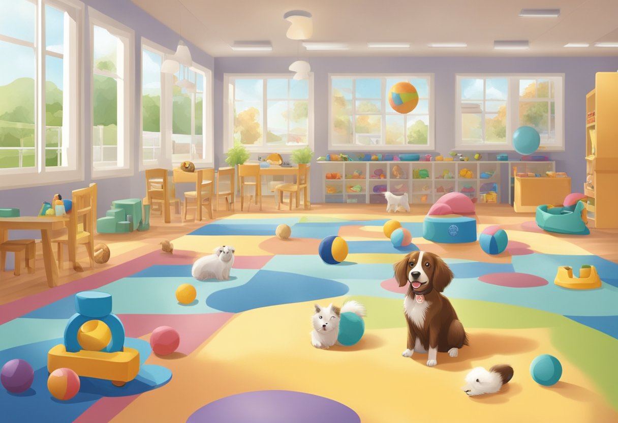 A playful dog interacts with toys and other pets in a spacious, bright, and clean day care facility