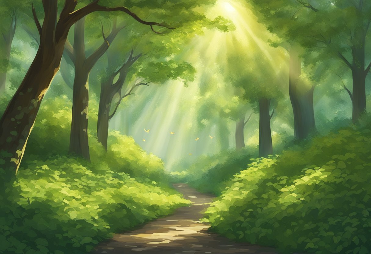 Lush green trees and foliage fill the woodlands, with sunlight streaming through the branches. The air is filled with the sounds of birds and rustling leaves