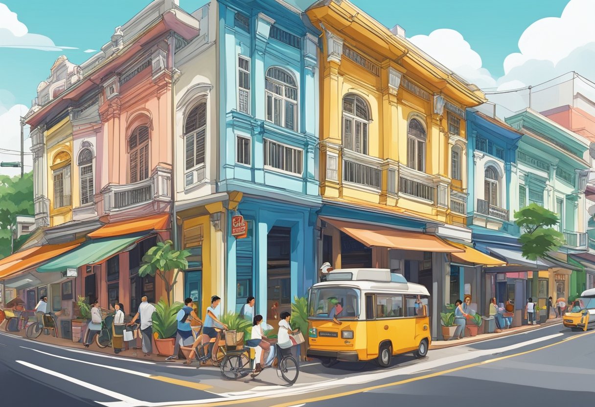 Colorful shophouses line the streets of Singapore, with vibrant signs and bustling activity. The sound of different languages fills the air, creating a lively and diverse atmosphere