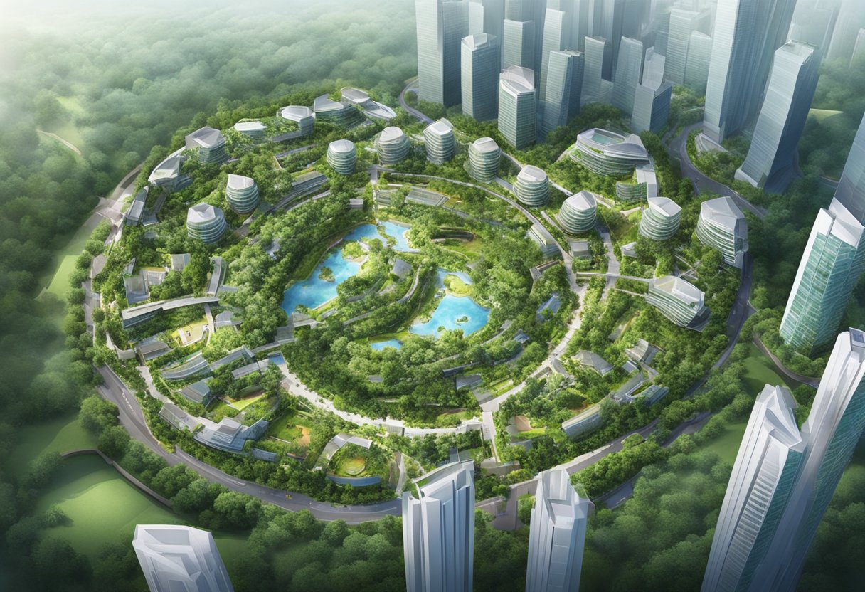 Aerial view of Mega@Woodlands in Singapore, surrounded by lush woodlands