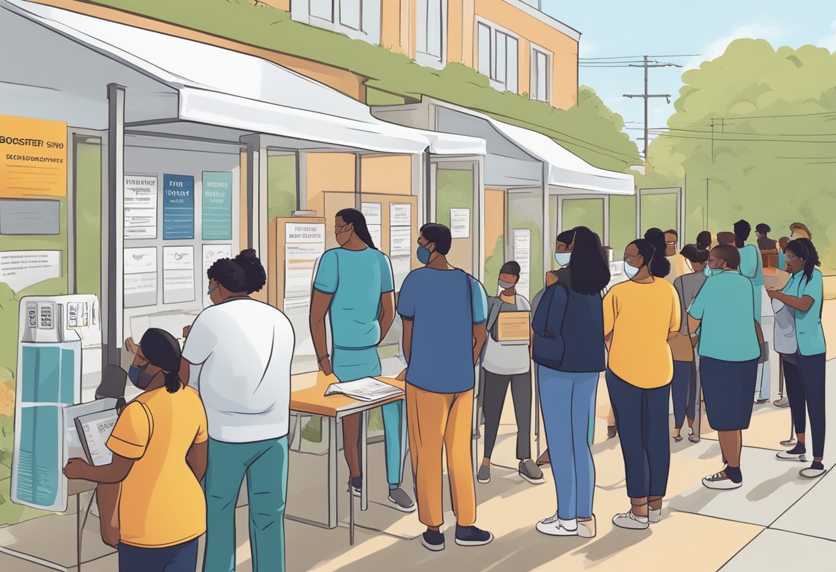 People lining up at a vaccination center, checking eligibility and scheduling for booster shots. Signs indicating "Booster Shot Schedule" and "Eligibility Criteria" are visible