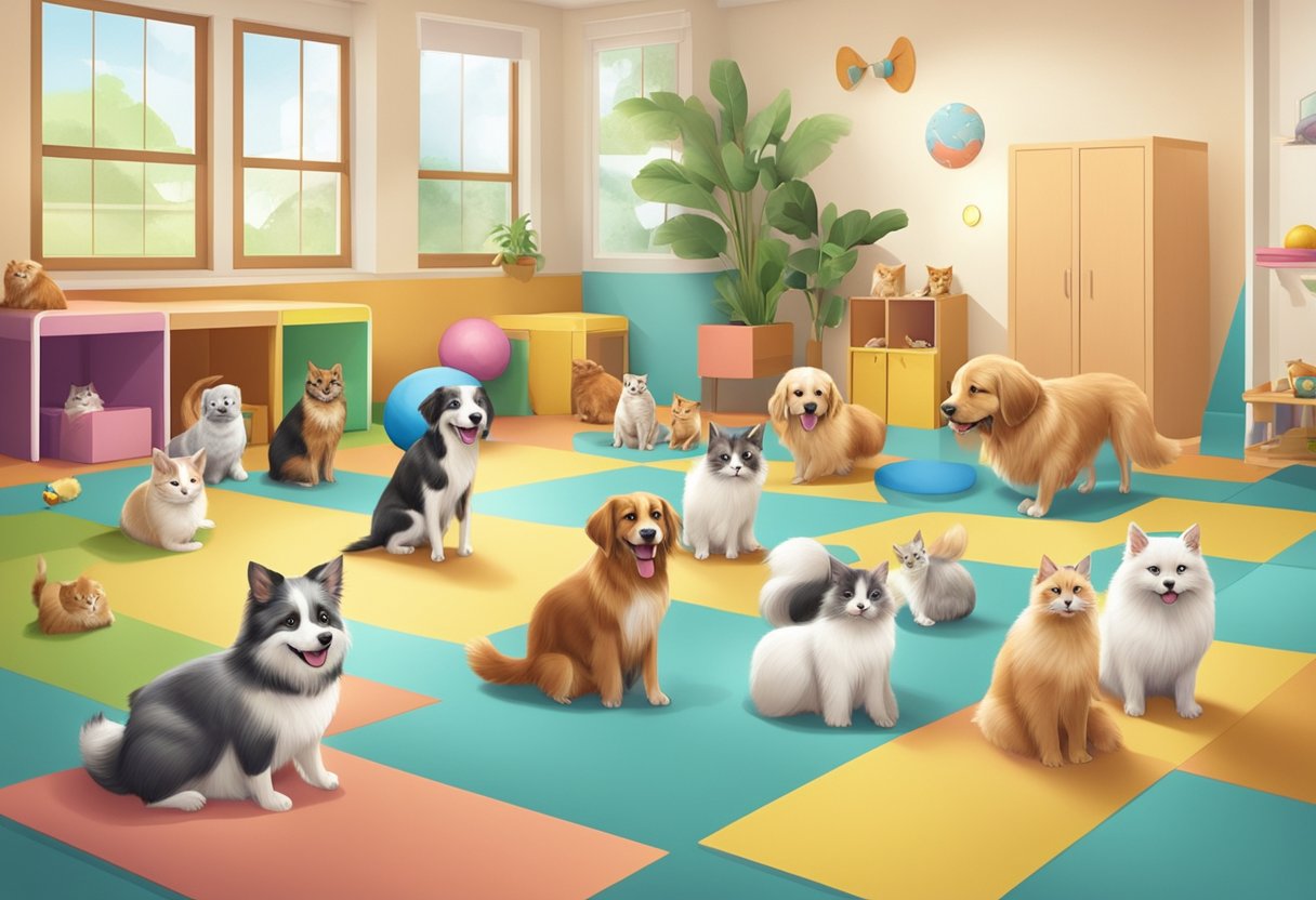 A group of happy pets playing together at a vibrant and spacious pet day care center in Singapore