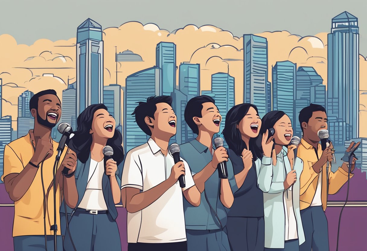 A group of diverse singers stand together, holding microphones and singing passionately, while the Singapore skyline serves as a backdrop