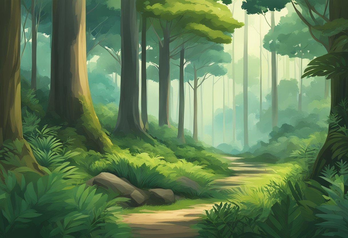 A serene forest scene in Woodlands Close, Singapore, with tall trees, lush greenery, and a peaceful atmosphere