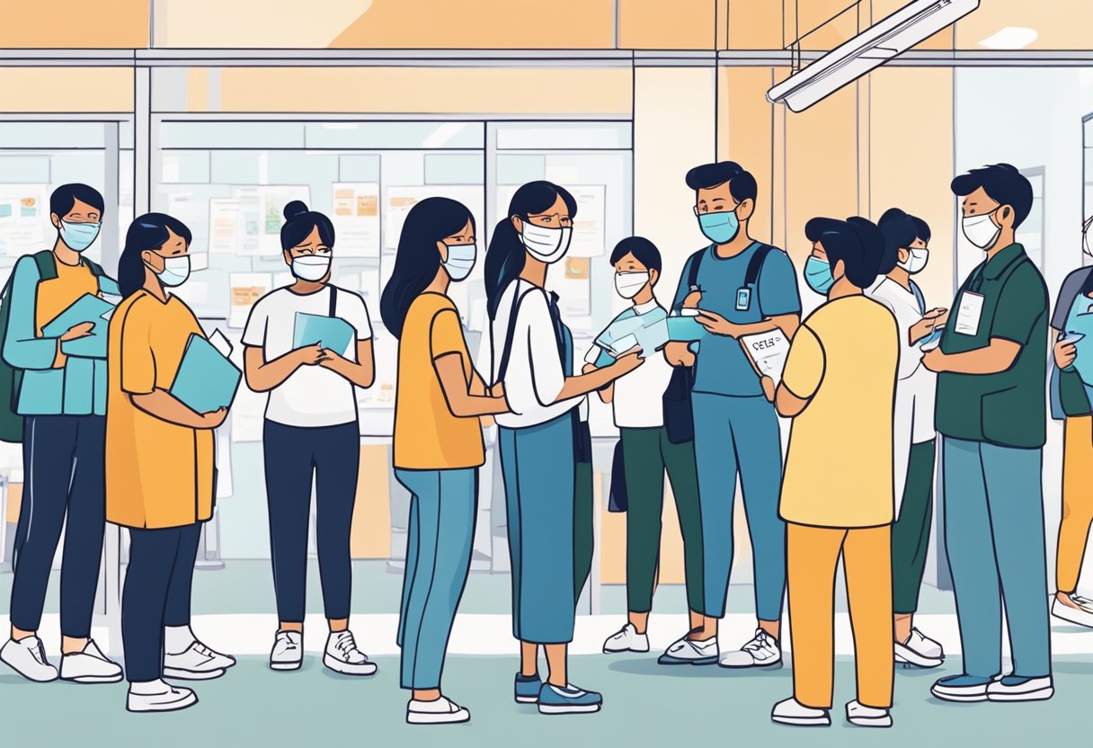 People lining up at a vaccination center, holding vaccination cards, and asking about booster shots in Singapore