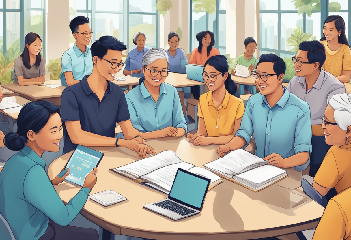 A diverse group of people engage in learning and sharing knowledge in a vibrant community setting in Singapore