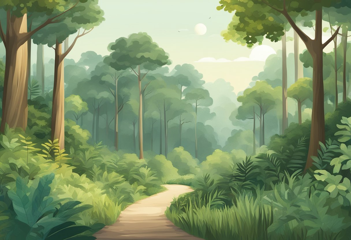 A serene woodland scene with tall trees and lush foliage, featuring a sign that reads "Frequently Asked Questions Woodlands Close Mega Woodlands Singapore."