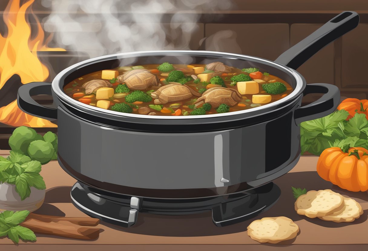 A large pot of turtle soup simmers over a hot stove, filled with chunks of tender meat, vegetables, and aromatic herbs, creating a rich and fragrant aroma