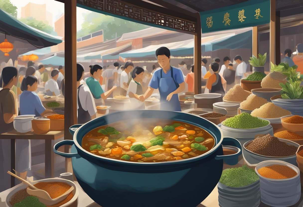A pot of simmering turtle soup surrounded by traditional Chinese herbs and spices, with a backdrop of bustling hawker stalls in a Singaporean market