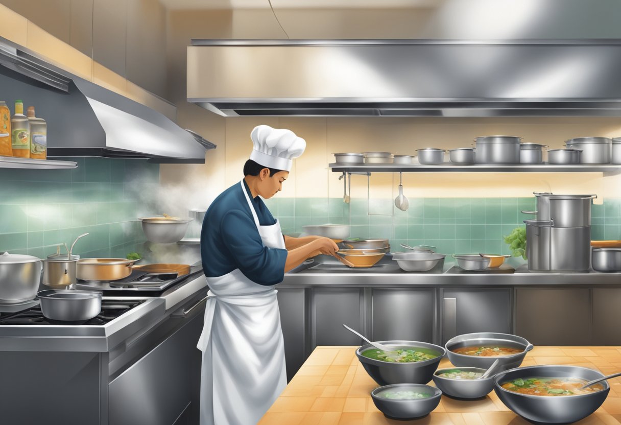 A chef prepares and savours a bowl of traditional turtle soup in a bustling Singaporean kitchen