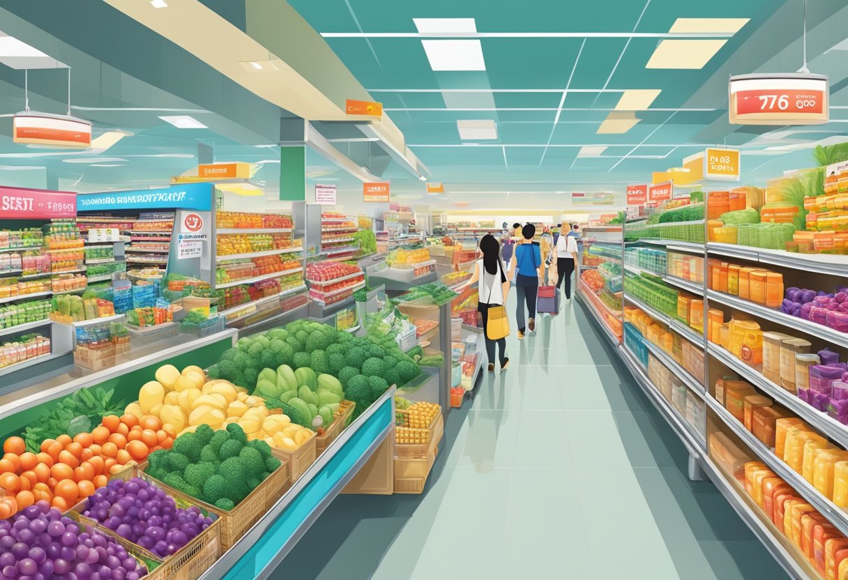 The bustling aisles of Prime Supermarket in Singapore, filled with colorful products and busy shoppers