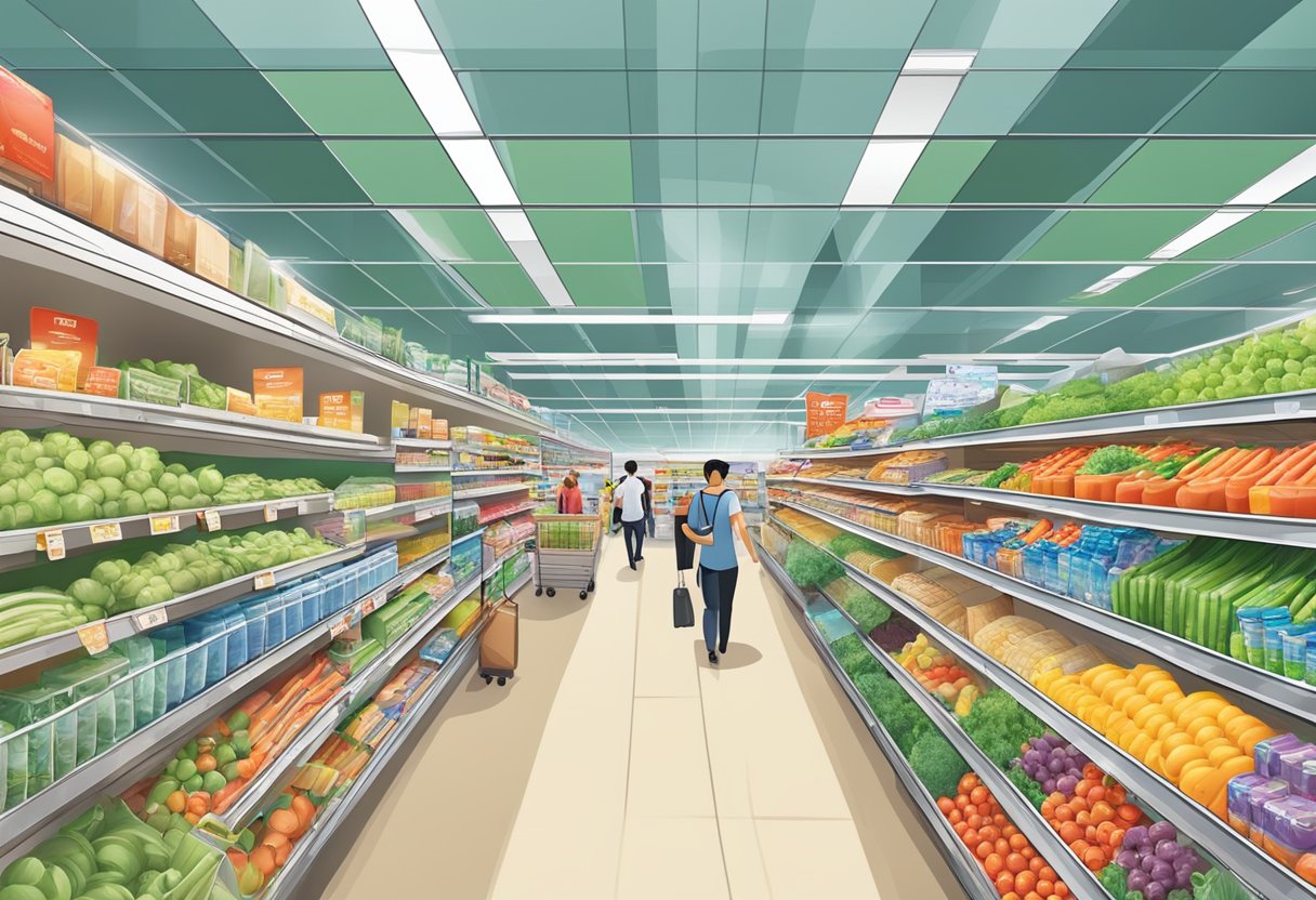A bustling Prime Supermarket in Singapore, with colorful aisles and busy checkout counters