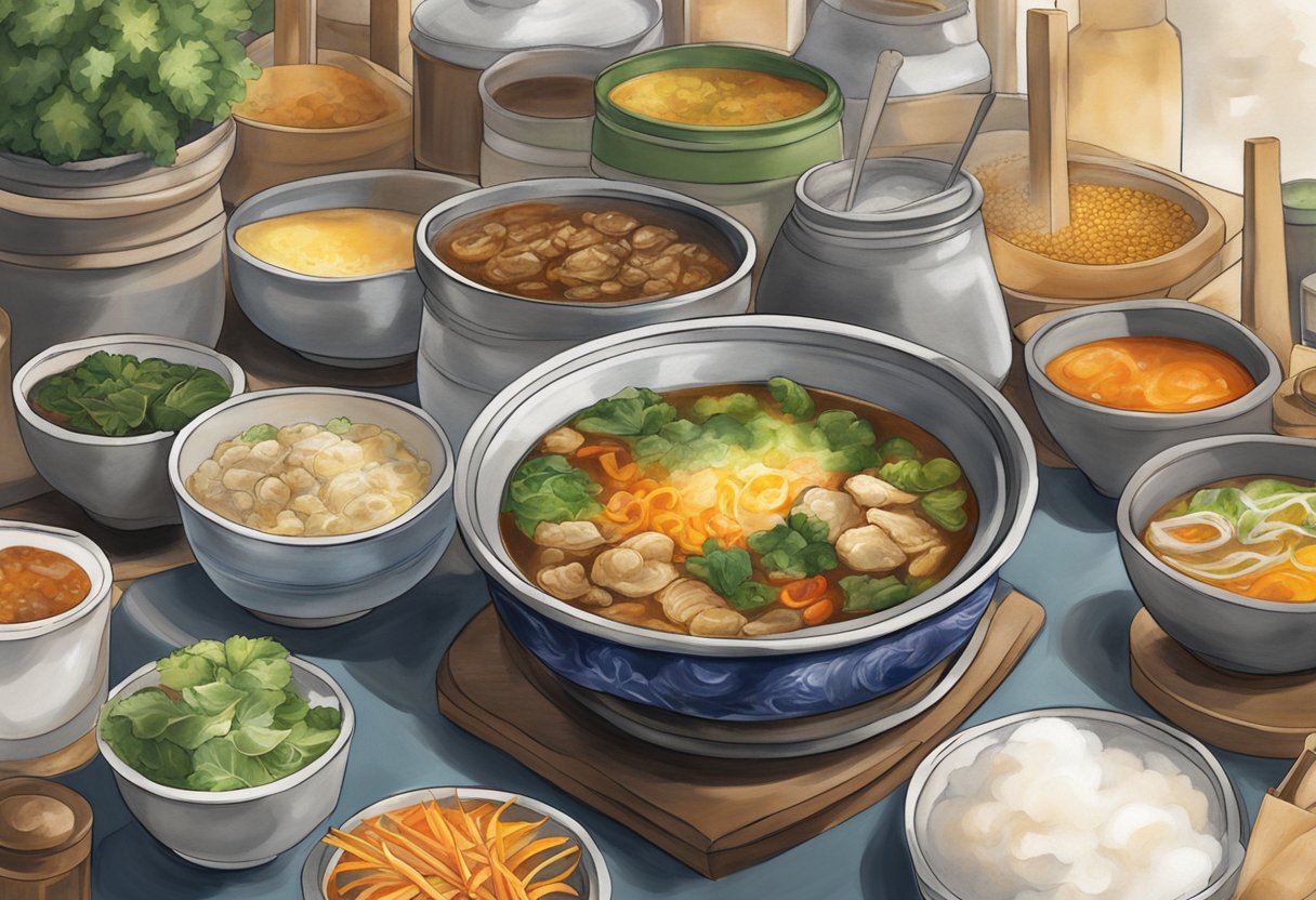 A steaming bowl of turtle soup surrounded by condiments on a hawker stall in Singapore