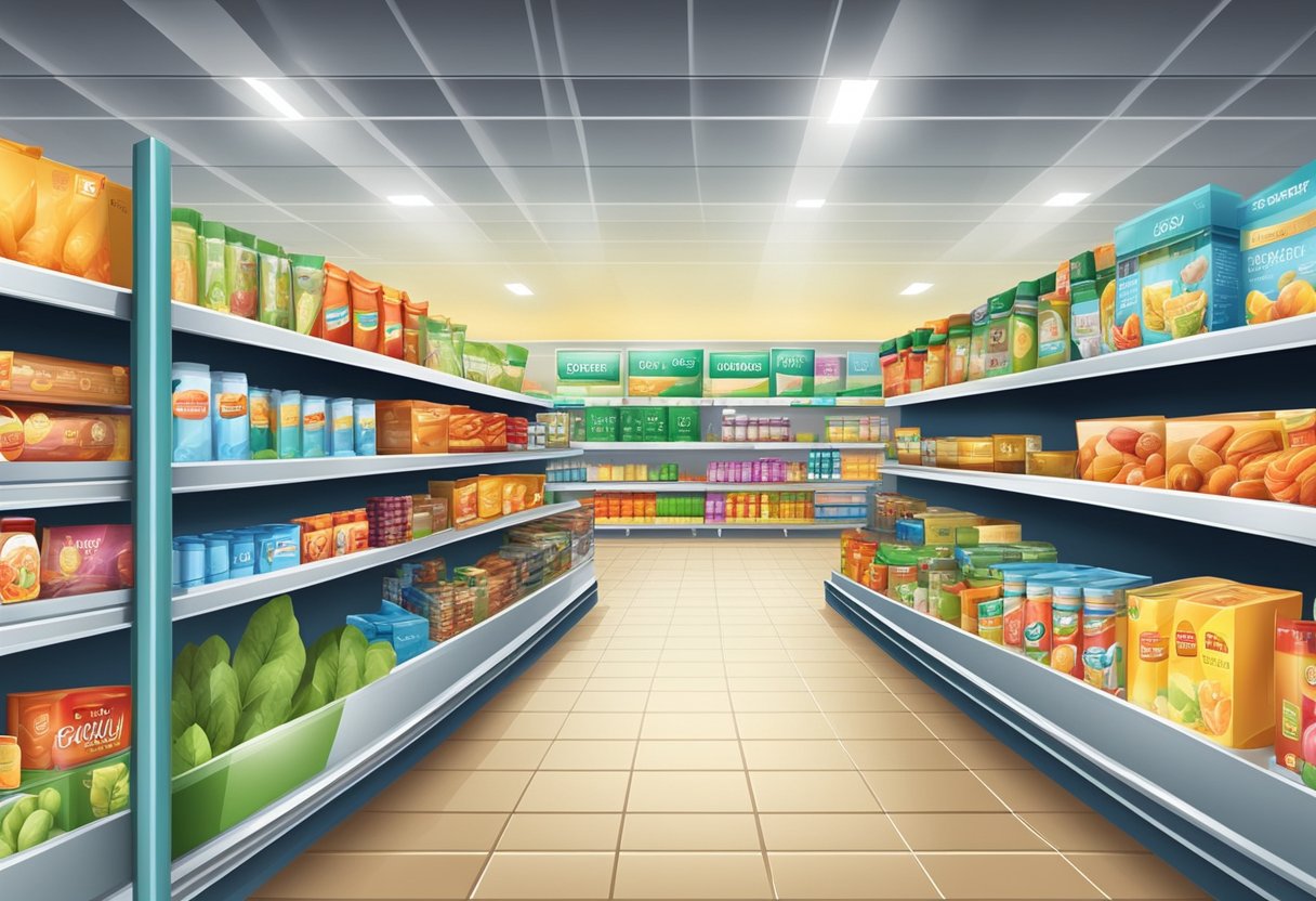 Shelves stocked with various products in a brightly lit supermarket aisle. Promotional signs and offers displayed throughout the store
