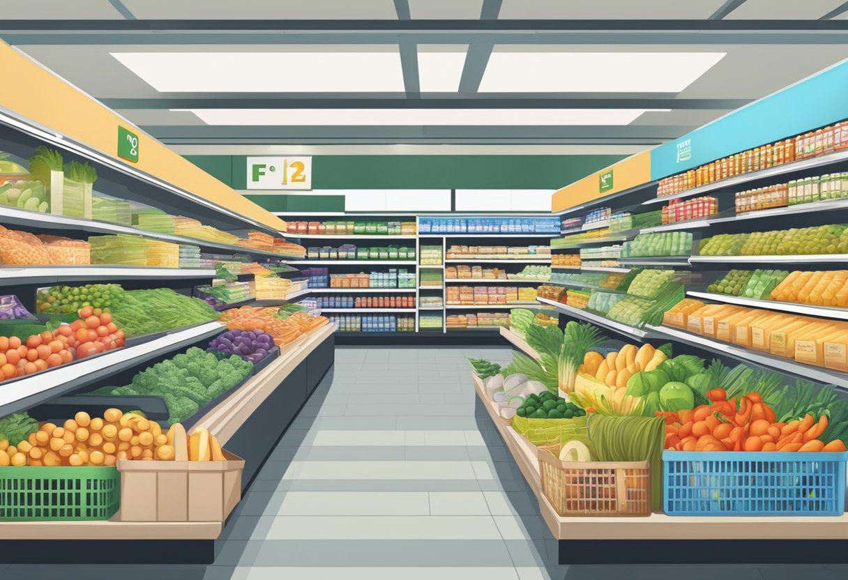 A busy supermarket with shelves stocked with groceries and a sign reading "Frequently Asked Questions" in prime supermarket Singapore