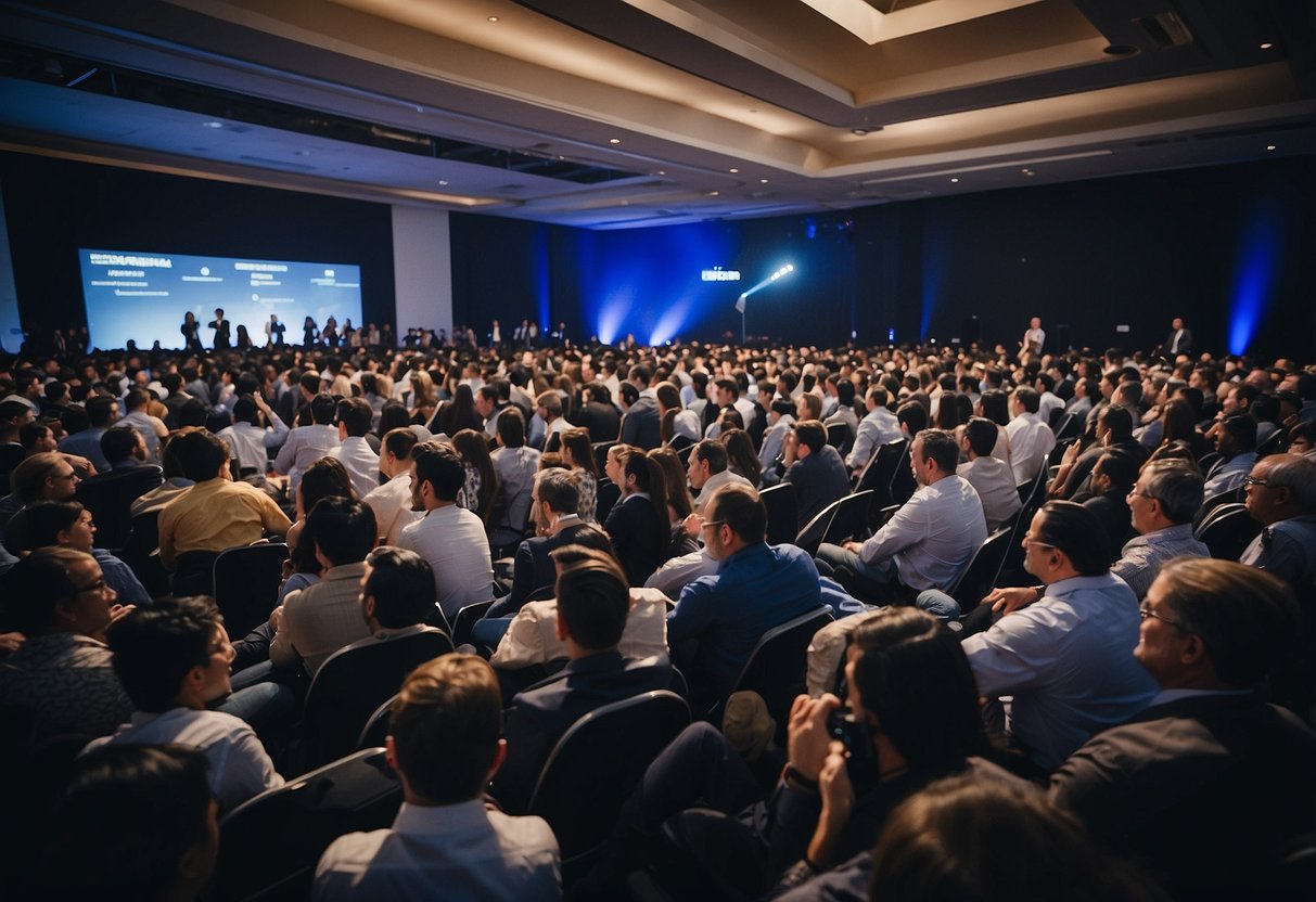 A bustling crowd gathers at the TON Coin crowdsale event, with attendees eagerly engaging in discussions and transactions. The atmosphere is filled with excitement and anticipation as people interact with the event's offerings