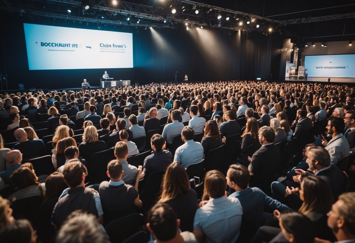 A bustling event with a large crowd gathered around a central stage, where a presenter is discussing the fundamentals of the upcoming coin crowdsale. Various banners and promotional materials are displayed throughout the venue