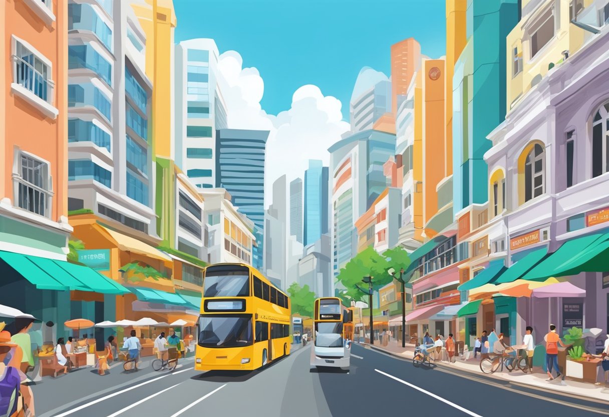 Busy Queen Street, Singapore. Colorful shophouses line the bustling street, with vibrant signs and bustling activity. Tall buildings loom in the background