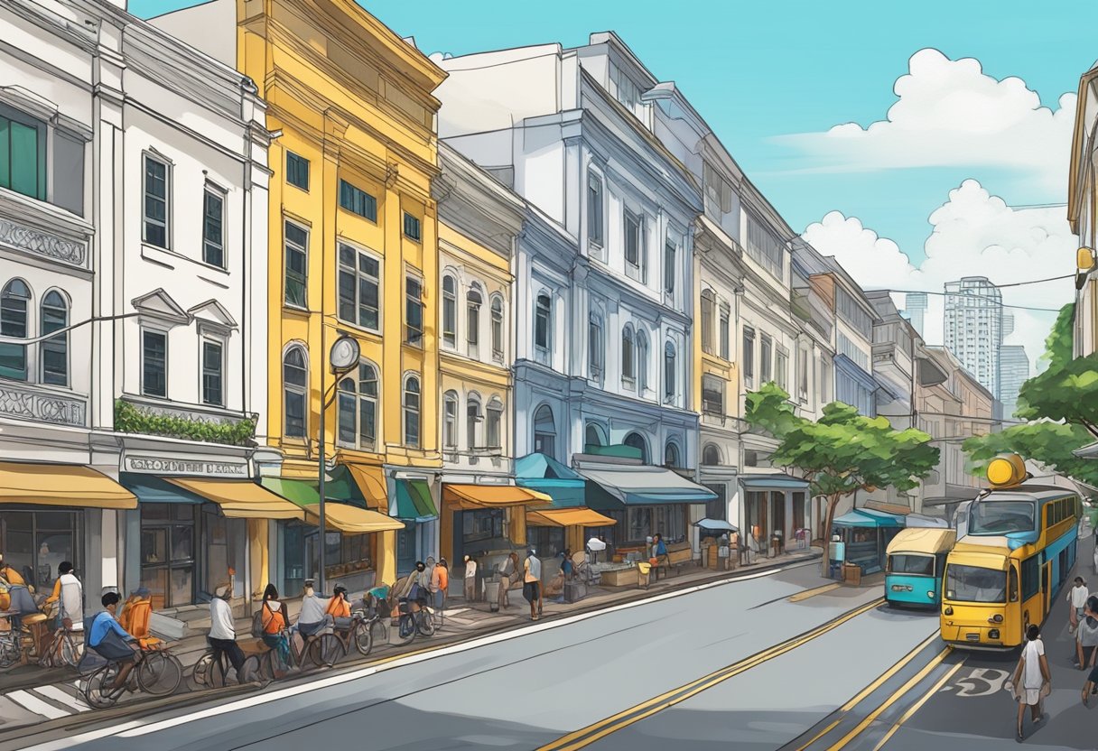 Queen Street, Singapore, bustling with historical significance and landmarks. Colonial architecture, bustling markets, and iconic street art