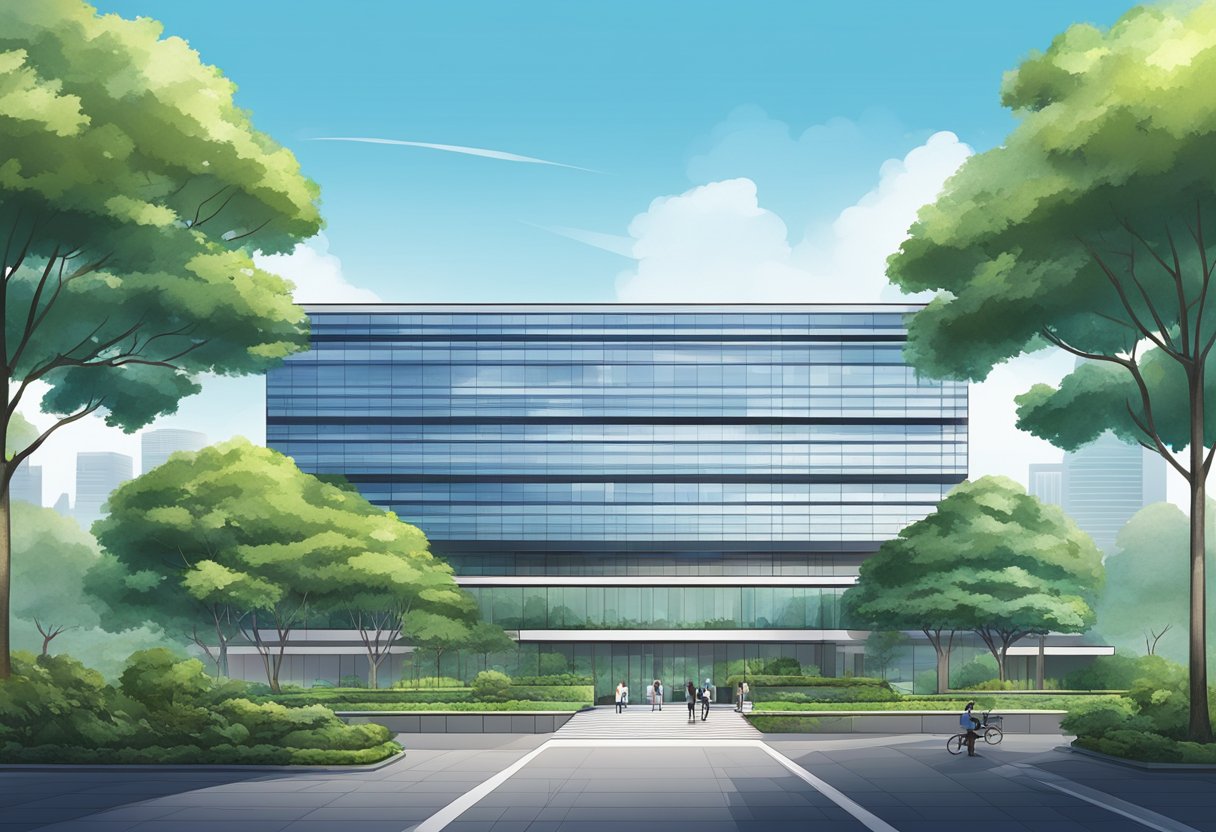 The Singapore Mint: A modern building with sleek architecture and a prominent logo. Surrounding greenery and a clear blue sky
