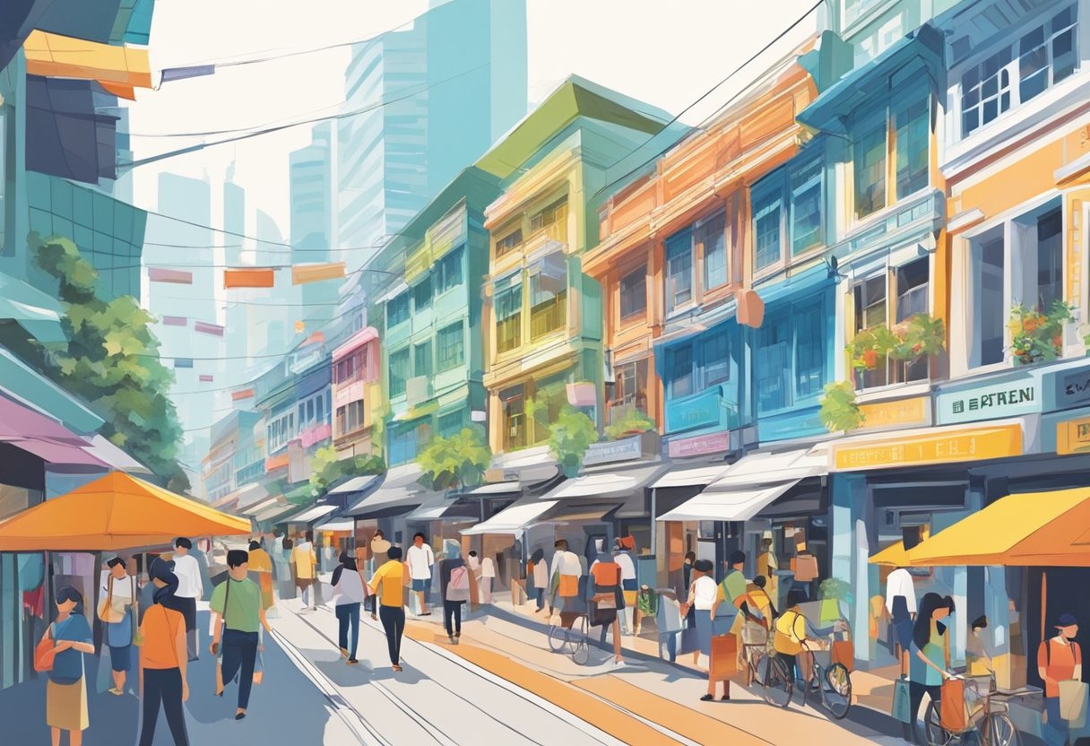 Busy street with shops and people in Singapore's Queen Street. Bright signs and bustling activity