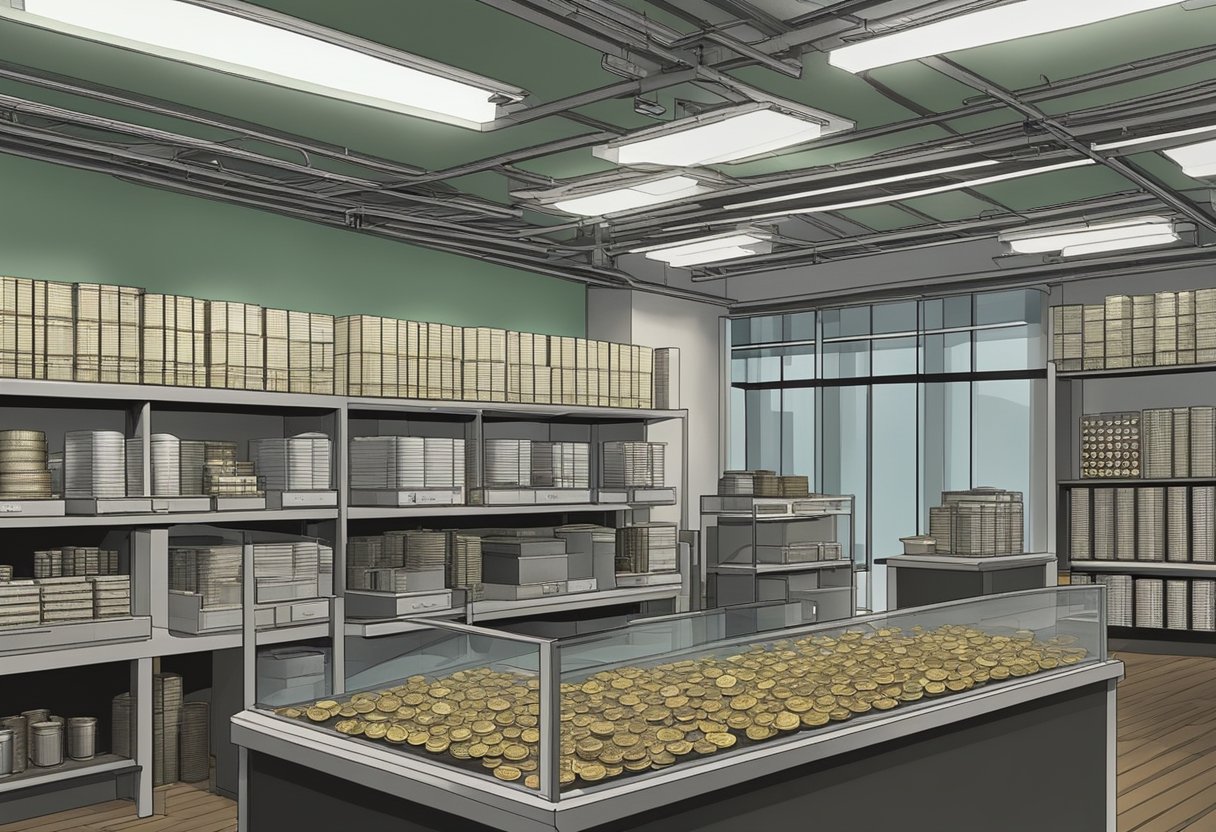 The Singapore Mint's history and operations are depicted through various coins, medals, and minting equipment displayed in a modern and organized facility