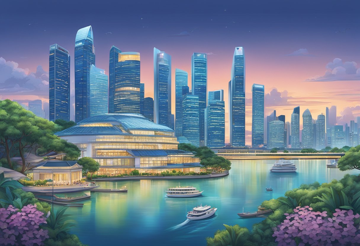 A vibrant cityscape with the iconic skyline of Singapore, featuring the modern headquarters of Tokio Marine Life Insurance Singapore Ltd