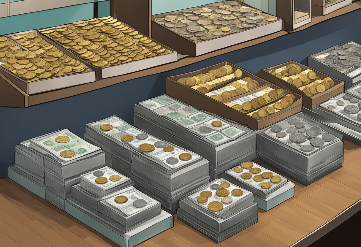 A display of coins, banknotes, and collectible items at The Singapore Mint showroom