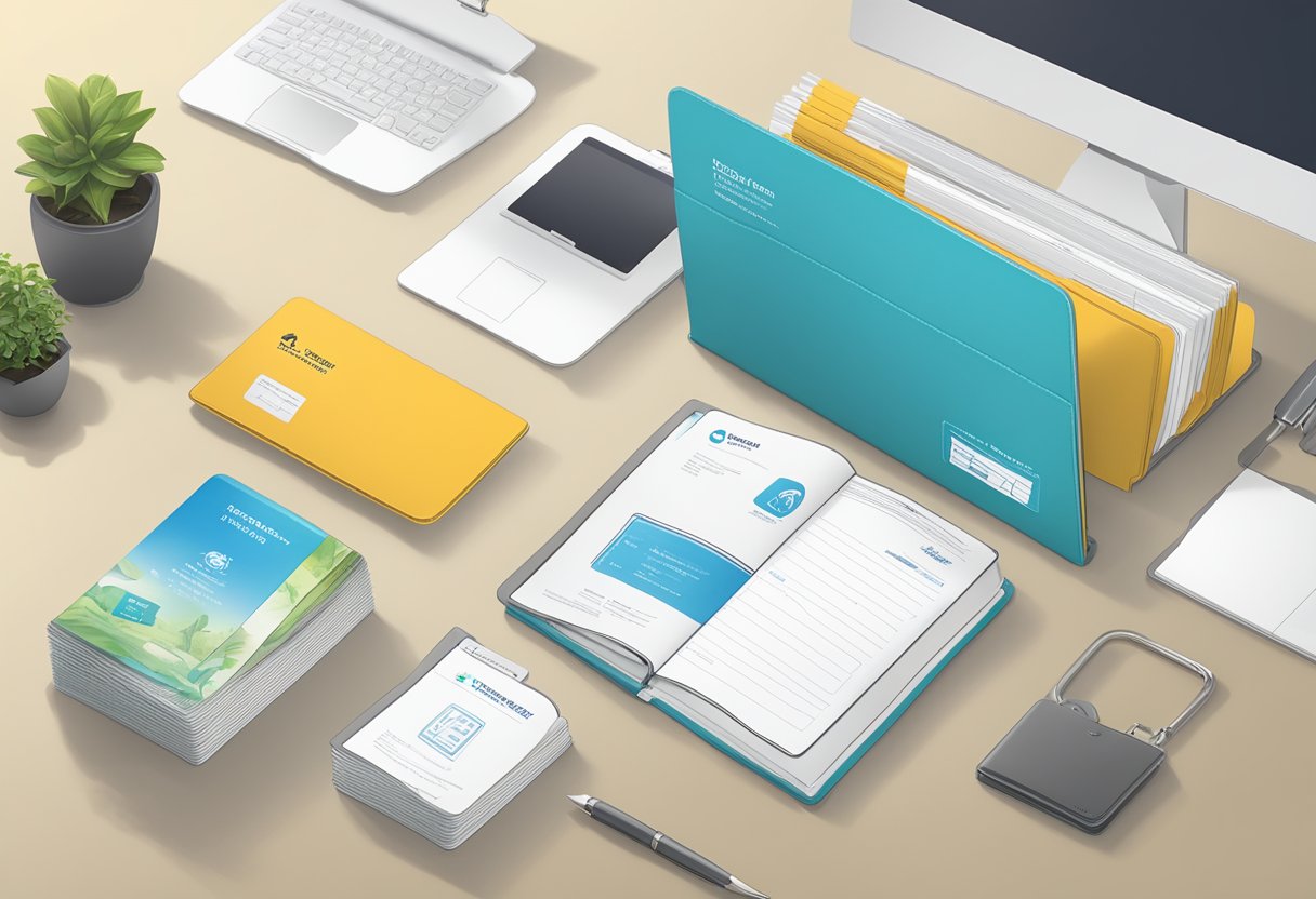 A desk with a neatly organized policy management folder and a prominently displayed contact information card for Tokio Marine Life Insurance Singapore