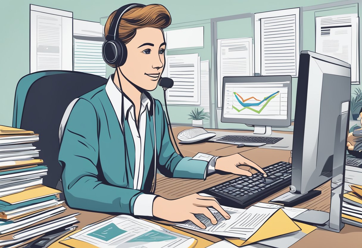 A customer service representative answering queries at a desk, with a computer and phone, surrounded by pamphlets and brochures