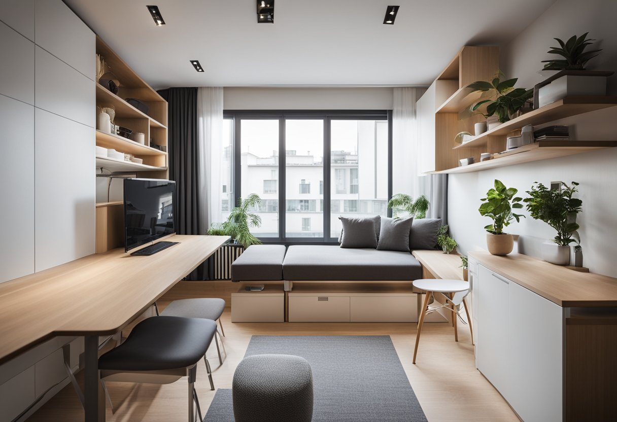 A small room with a convertible sofa bed, foldable dining table, and wall-mounted storage solutions. Efficient use of space with multifunctional furniture