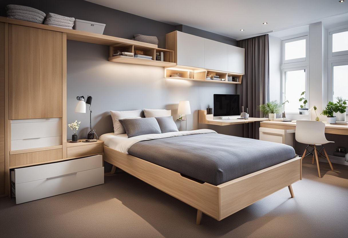 A small room with clever storage solutions: wall-mounted shelves, under-bed drawers, and multi-functional furniture. Efficiently organized and clutter-free